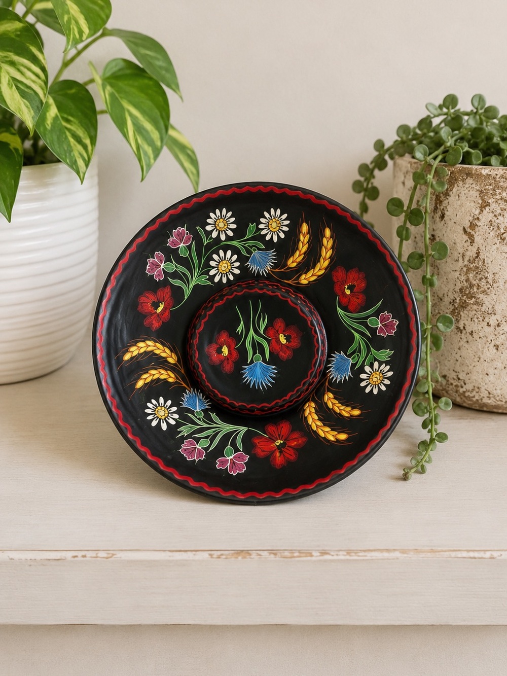 Antique Hungarian Folk Pottery Black Clay Floral Bowl Plate Cottagecore Decor